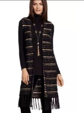 Chico’s Black Gold Open Boho Wool Blend Long Sweater Vest Western Fringe  Size L